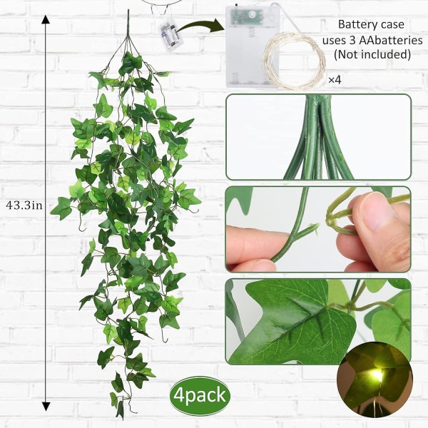 Hængende falske planter 4-pak kunstige vinstokke Silke Ivy med 30 Led Fairy String (FMY)