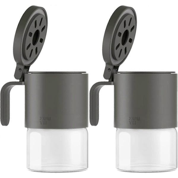 Glass Krydderkrukke Fuktighetsbestandig Krydderboks med Skje 2-Pakning 10 oz/300 ml Mini Krydderoppbevaringskrukke for Kjøkken Salt, Sukker, Pepper, Chili Grå (FMY)