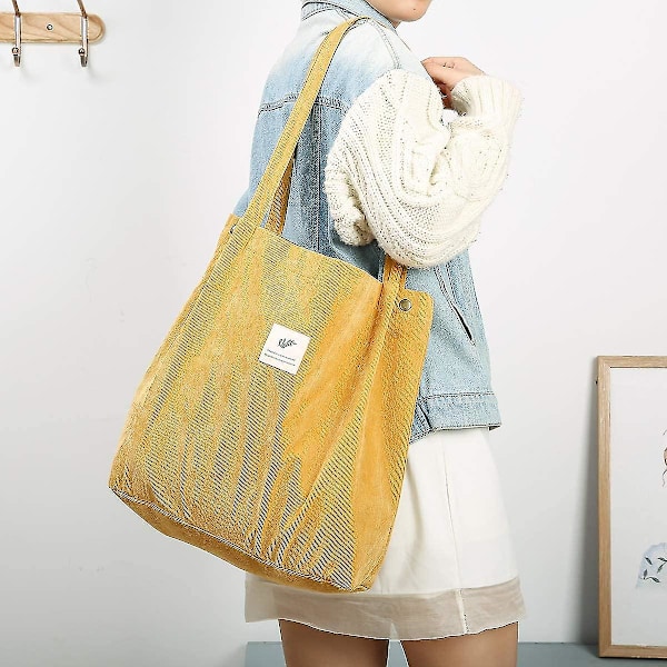 Cordfløyel Tote Bag for kvinner, jenter og barn, skulderbag med innerlomme, handlepose (FMY) Yellow