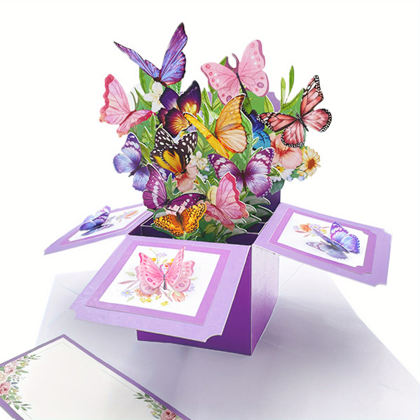 3D Fjärils Pop-Up Gratulationskort med Kuvert för Födelsedagar, Jubileum, Mors Dag - Handgjord Blommig Pappersbukett, Allt-i-Ett Överraskning (FMY) Purple