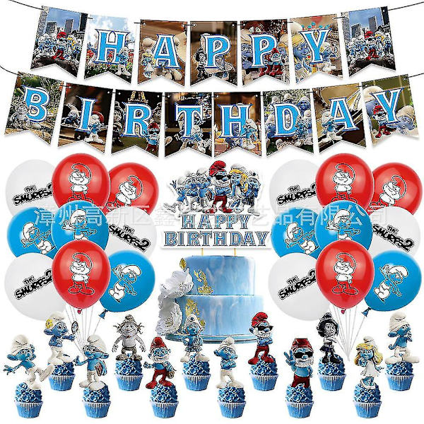 Smurffit-teemaiset syntymäpäiväjuhlat koristeilmapallobannerikakkukoriste setti Aaa1  (FMY)