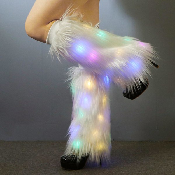 1 Par Dam Benvärmare med LED-Ljus, Fuskpäls, Vinter, Höst, Plush Elastiska Benöverdrag (FMY) White 25cm