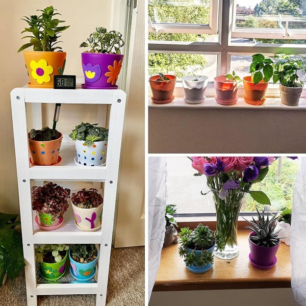 8 stk 10 cm små fargerike plantepotter i plast, blomsterpotter for innendørs planter, til kontor og hjem med pall/brett, 8 farger (FMY)