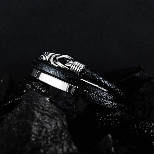 Herr svart läderarmband, läderarmband, läderband, flätat äkta läder, brett läderarmband  (FMY)