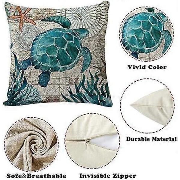 4 stycken kuddfodral 45 x 45, maritim tema dekorativa kuddfodral i bomullslinne, soffkuddfodral, utomhus trädgårdsdekoration (FMY)