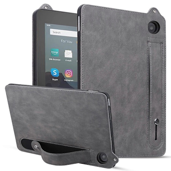 Fodral med handrem och stativ i läder för Amazon Fire HD 8 (2024) (2020) - (FMY) Multicolor Grey