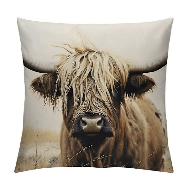 Highland Cow Kudde - Brun Tryckt Ko Kudde - Dekorativ Ko Kudde för Soffa, Stol, Sovrum, Lanthus, Soffa zx51 (FMY) 16x16in 40x40cm