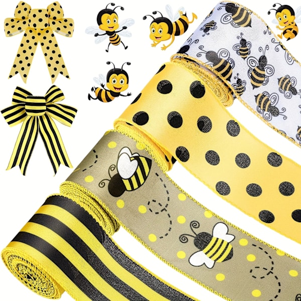 4 Ruller, 26 Yards Trådforstærket Polka Dot Bånd med Bi Lodret Stribe - Perfekt til Håndværk, Syning, Emballage, Påskefest Dekorationer og Mere (FMY) 4 Rolls