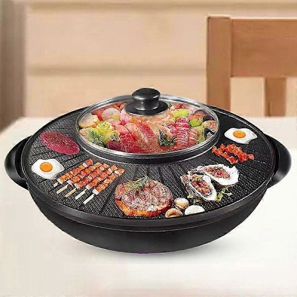 Elektrisk Grill och Varm Gryta 2 i 1 Bärbar Köksutrustning Rund Multifunktionell Koreansk BBQ för Familj Inomhus Picknick Camping Utomhus (FMY) 34cm