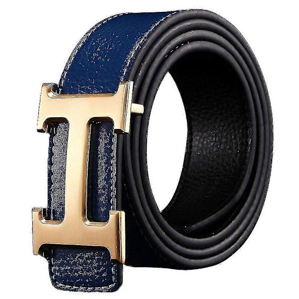 Ny Stil Business Fritid Äkta PU Läder H Slät Spänne Litchi Korn Bälte För Män (FMY) Blue   Golden