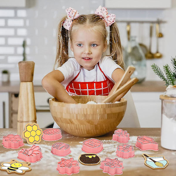 16 stk Bie-Kakeutstekere med Stempler Sett Mini Bie Honningkake Kake Stempler 3D Plast Kjeksform Fondant Kake Stempler for Kjeks (FMY)