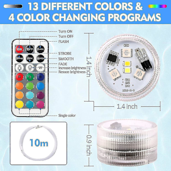 10 stk Mini Neddykbare LED-lys, Aled Lys Undervannslys Vanntette RGB Flerfargede LED-lys med 2 Fjernkontroller for Svømming (FMY)