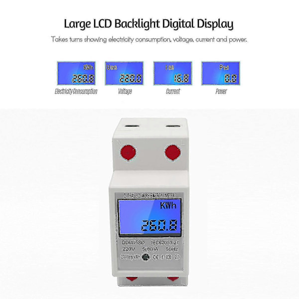 Enfase Din-skinne Energimåler 5-80a 220v 50hz Elektronisk Kwh Måler Med LCD Bakgrunnsbelysning Digitalt Display Ddm15sd (FMY)