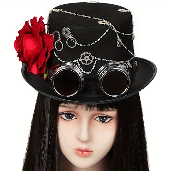 Steampunk-hattu - Gootti-inspiroitu, Mattamusta, Irrotettava Punainen Ruusu, Jazz Fedora -tyylinen Goggle-ketjuvaihteella - Täydellinen Naisten Halloweenille (FMY) Head Circumference22.8-23.2"