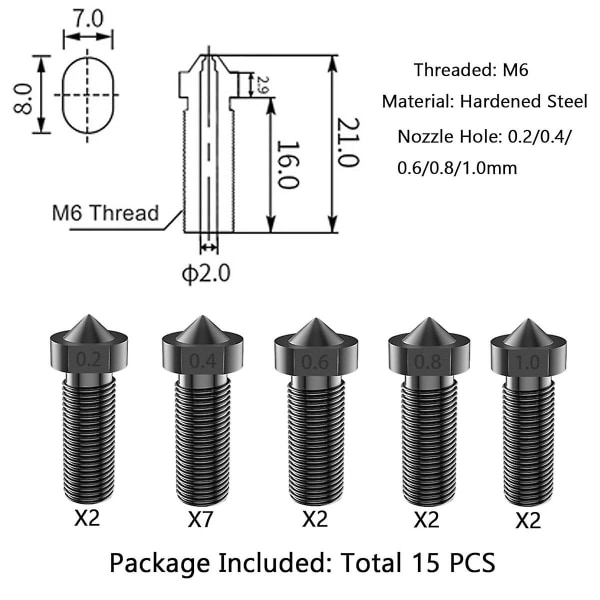 15pcs Hardened Nozzles Kit, 3d Printer 7pcs 0.4mm Nozzles And 2pcs 0.2/0.6/0.8mm Wear Resistance No  (FMY)