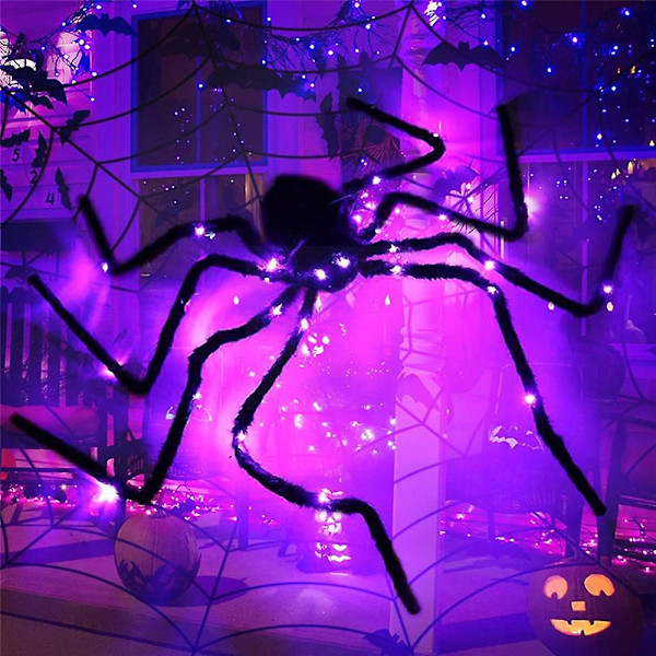 Halloween Jätte Spindel Dekorationer Stor Falsk Hårig Spindel Med Lila LED-Ljus Läskig Luddig Spindel Rekvisita Utomhus Trädgård Krypande Dekor (FMY) 30cm