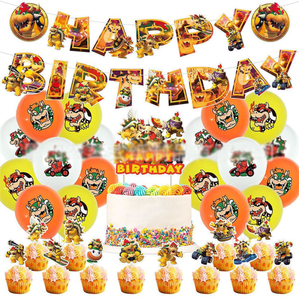 Super Mario Bros Bowser Koopa Tema Barn Födelsedagsfest Tillbehör Kit Banner Ballonger Kit Cake Cupcake Toppers Dekor Set (FMY)