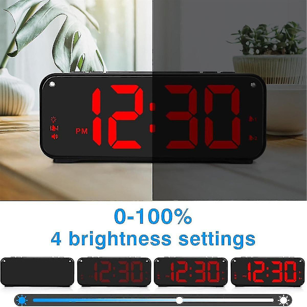 Hög ljudalarmklocka för tunga sovande vuxna, dubbel alarmklocka med sängvibrator, för sovrum, 6,5 tum stor display med dimmer (FMY) As Shown