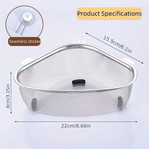 1 stk Premium 201 Rustfrit Stål Trekant Hjørne Vask Si - Effektiv Multifunktionel Mesh Drænkurv med Nemt Rengøringsdesign, Pladsbesparende (FMY) Silvery