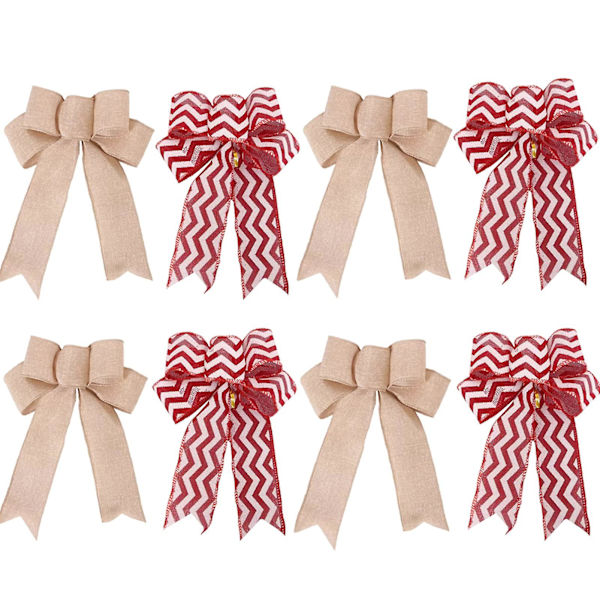 Pakke med 8 buer julepynt 24 x 18 cm, jute & julebånd | Store julebuer røde juletræspynt buer til Chris  (FMY)