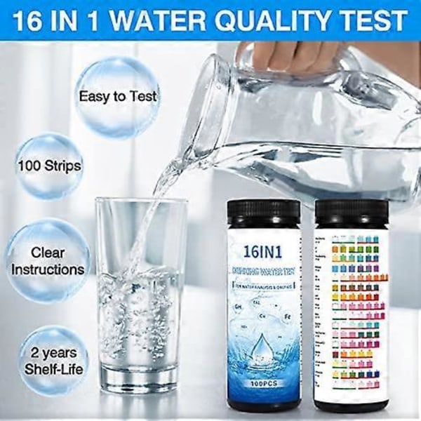 16 i 1 Dricksvatten Test Kit 100st Vattentest Kit för Dricksvatten Brunn Kran Hem Vattenkvalitet Testremsor för Bly PH Klor Har (FMY)