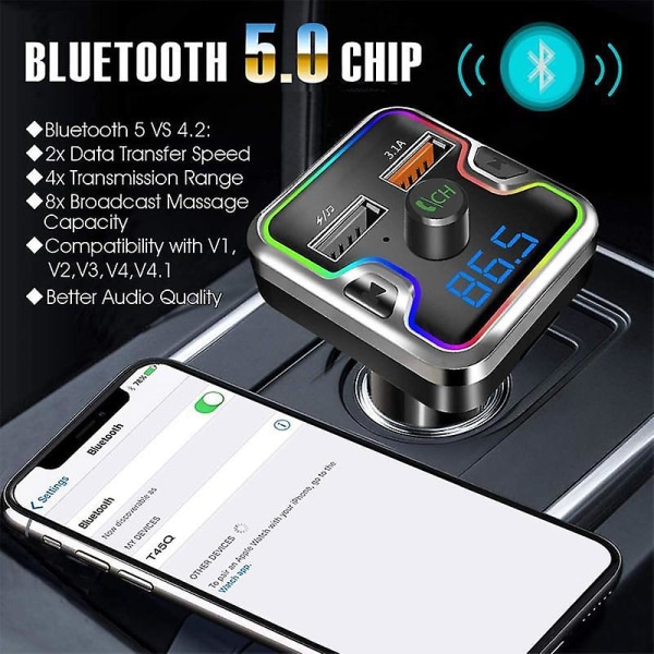 Bluetooth 5.0 Fm-sender Dobbel Usb-bilspiller 3.1a Hurtigladerstøtte Tf-kort U-diskinngang (FMY)