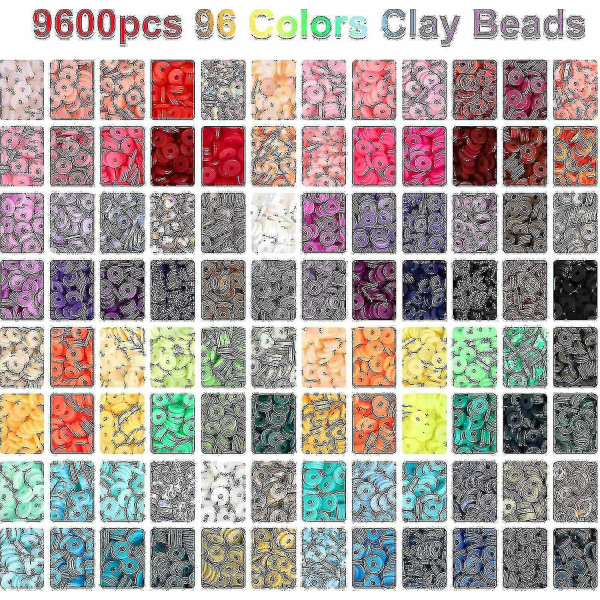 9600 stk leireperler for smykkefremstillingssett, 96 farger Spacer Heishi-perler Flat Round Polymer Clay Bea (FMY)
