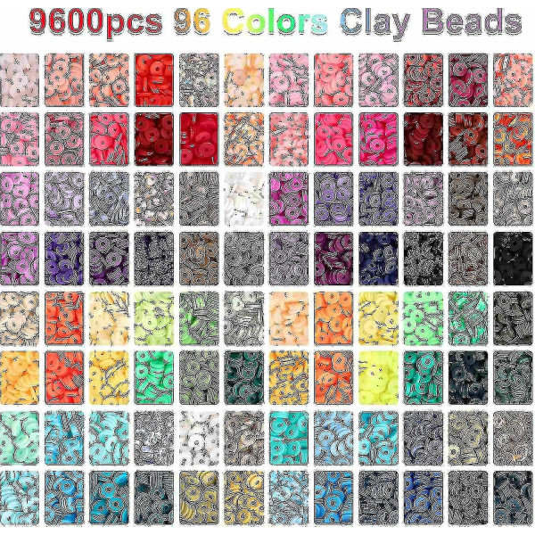 9600 stk Leireperler til smykkeproduksjon, 96 farger Spacer Heishi Perler Flat Rund Polymer Leireperler (FMY)