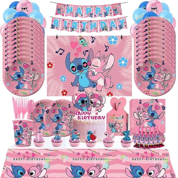 Pink Stitch Födelsedagsfest Dekoration Lilo And Stitch Tema Bordsservis Angel Ballong Tallrikar Koppar Tillbehör för barn Flickor (FMY) tablecloth 12inch