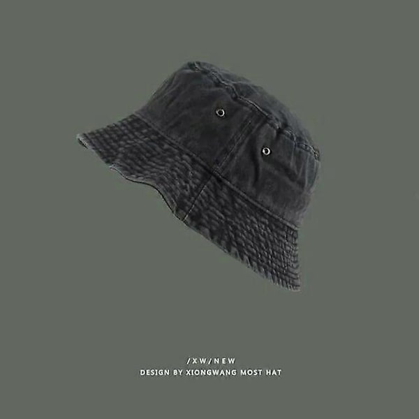 Moderigtige vaskede denimhatte Unisex Ensfarvet Vintage Sommer Y2k Fiskerhat til mænd Herre Bucket Panama Hat Beskyttelses-kostumehatte (FMY) Black 56-59cm