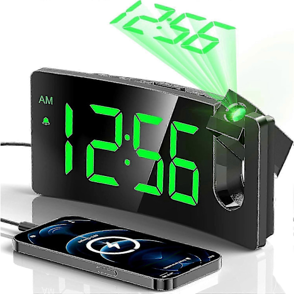 Projektionsväckarklocka, Digital Klocka Med 180° Rotationsbar Projektor, 3-nivåers Dimbarhet, -yvan (FMY) S-green Digit green Projection