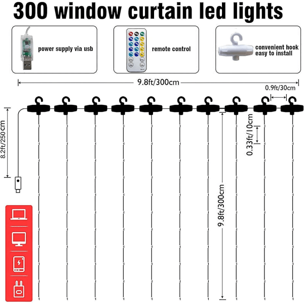 Ikkunaverhojen valot, 300 Led 9,8 jalkaa X 9,8 jalkaa Moniväriset Fairy Lights (FMY)
