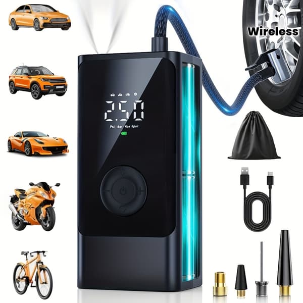 Bilmonterad luftpump, däckpump, bärbar luftkompressor för bilhjul, trådlös pump med LED-belysning, däcktrycksvisning, USB Cha (FMY) Black