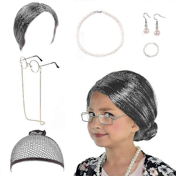 Mummo Vanha Nainen Pukeutumissetti - 7 osaa - Halloween-asu aikuisille ja lapsille (FMY) Dark Gray Afro