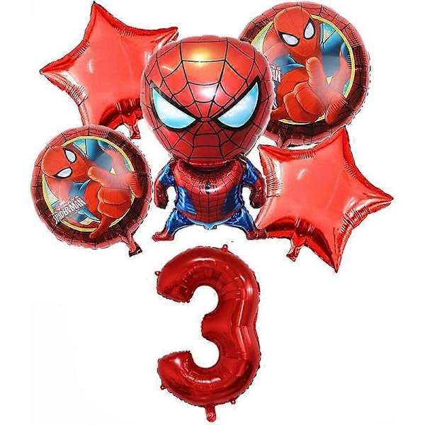 6 stk. Superhelt Spiderman-tema 3-årsdag dekorasjoner Rød Nummer 3 Ballong 32 Tommer | Spiderman Bursdagsballonger for Barnebursdag Ba (FMY)