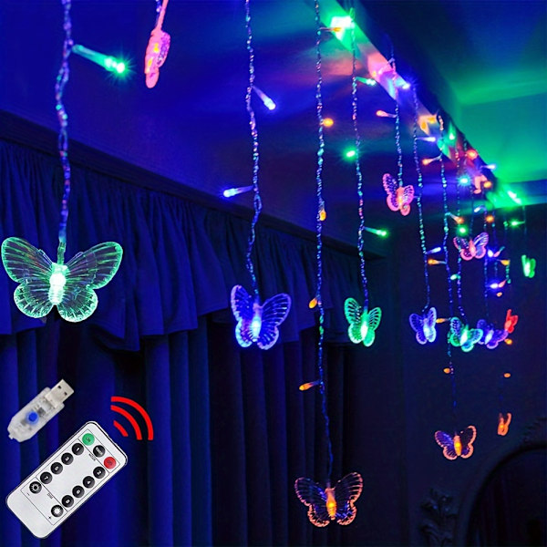 1 stk LED-lyslenke, LED-sommerfugl gardinlys, 21,3 fot/255,9 tommer 8 moduser USB-lader vindu blinkende lyslenke med fjernkontroll, 9  (FMY) Multicolor