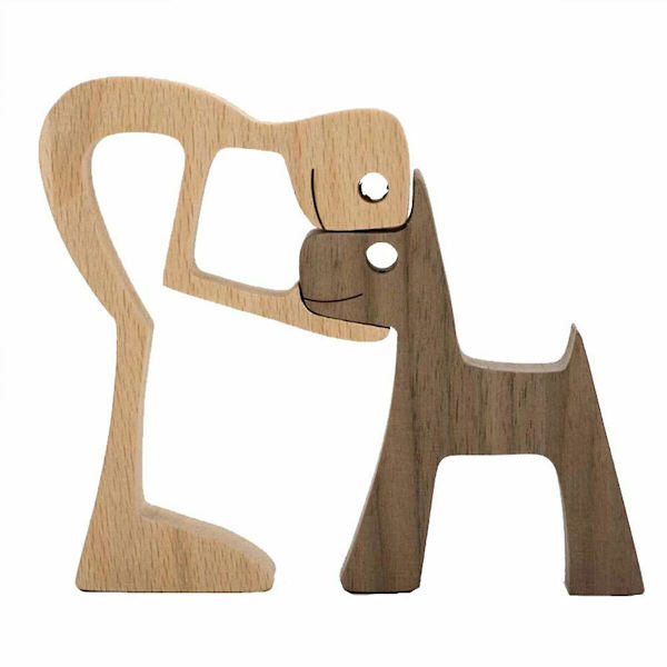Træstatue Siddende Kvinde og Hund Kreativ Dekor Håndværk Desktop Figur Hjem  (FMY) B07