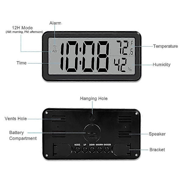 Digital vekkerklokke, skrivebordsur, batteridrevet LCD elektronisk klokkedekorasjon for soverom kjøkken  (FMY) Black