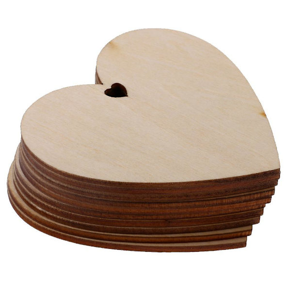 100 stk. Ubehandlet hjerteformet træudskæring med hul til håndværk 20mm 25stk 80mm  (FMY) Wood