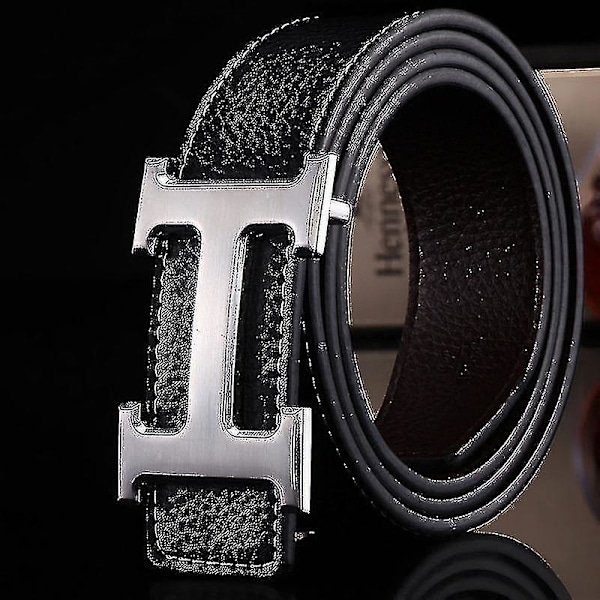 Ny Stil Business Fritid Ægte Pu Læder H Glat Spænde Litchi Korn Bælte Til Mænd V  (FMY) Coffee silver buckle
