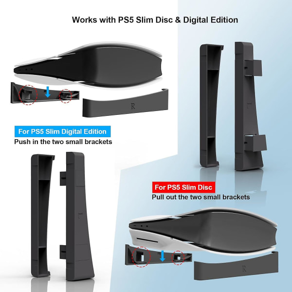 PS5 Slim Vandret Stativ, PS5 Slim Konsol Base Stativ, Base Stativ Tilbehør Kompatibel med Playstation 5 Disc & Digital Editioner (FMY) Black