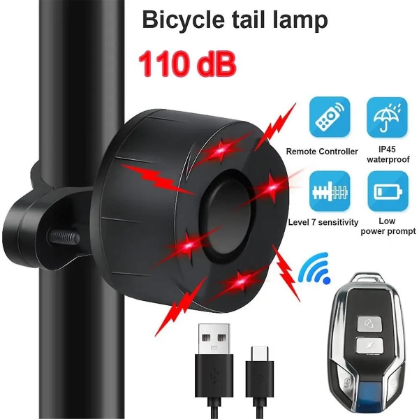 Sykkelalarm Baklys USB-lading Ipx65 vanntett sykkelbaklys Bremsefølende sykkellampe Anti-tyverialarm (FMY)