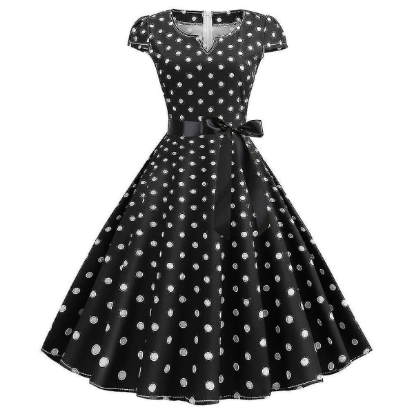 Kvinders Polka Dot Hepburn Retro 50'er 60'er Rockabilly Aftenfest Swing Midi Kjole (FMY) Black L