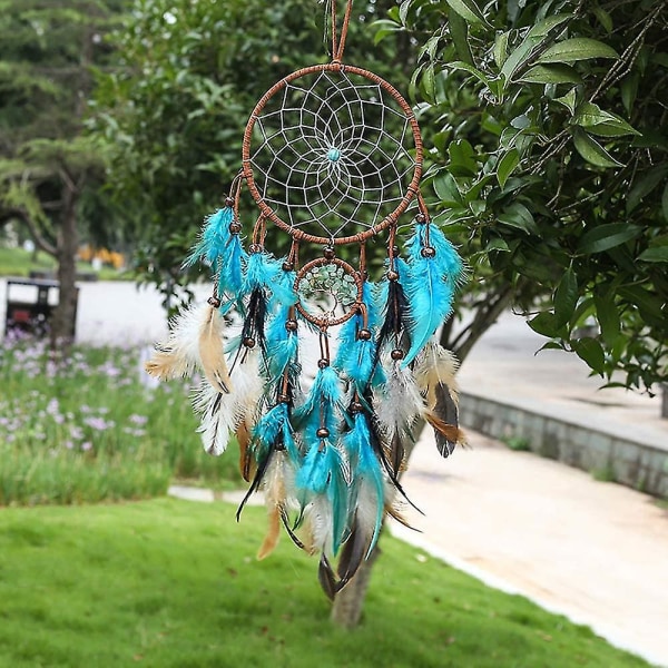 Drømmefanger Blå Livets Træ med fjer, håndlavede indianere Traditionelt cirkulært net til vægophængning, børn i soveværelset, boligdekoration bryllup