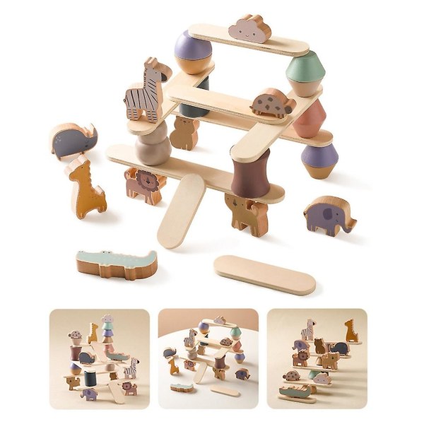 Träbalans set Djurstapelleksak för toddler Förälder-barnaktivitet Tidig inlärningsblock Pedagogisk leksak (FMY)