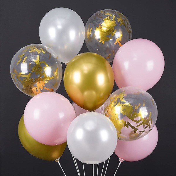Rosa och guldballonger, 60 st rosa ballonger, metallballonger, guldkonfettiballonger, vita ballonger, festballonger, latexballonger (FMY)