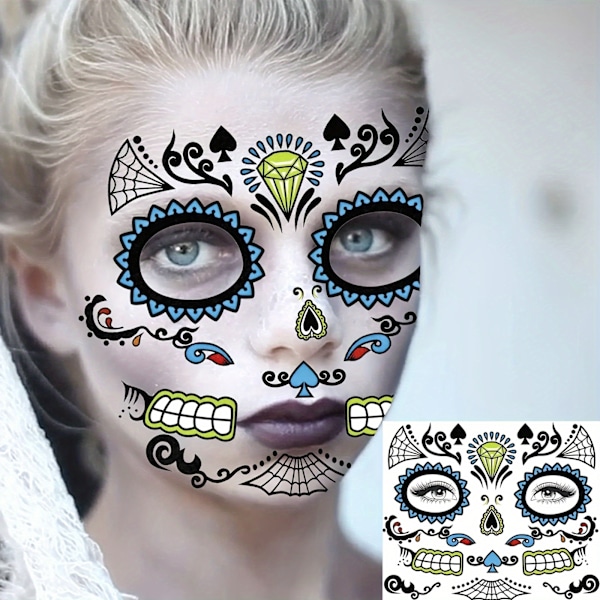 Levande Dödskalle Ansikts Tatueringar - Hållbara, Vattentäta och Återanvändbara för Vuxna - Perfekt för Halloween, Dia de los Muertos (FMY) 4 Sheets In One Package