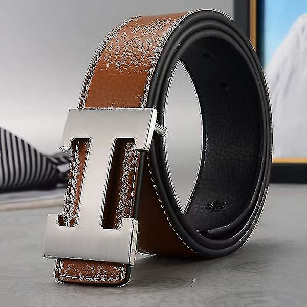 Ny Stil Business Fritid Ægte Pu Læder H Glat Spænde Litchi Korn Bælte Til Mænd V  (FMY) Earthy yellow silver buckle