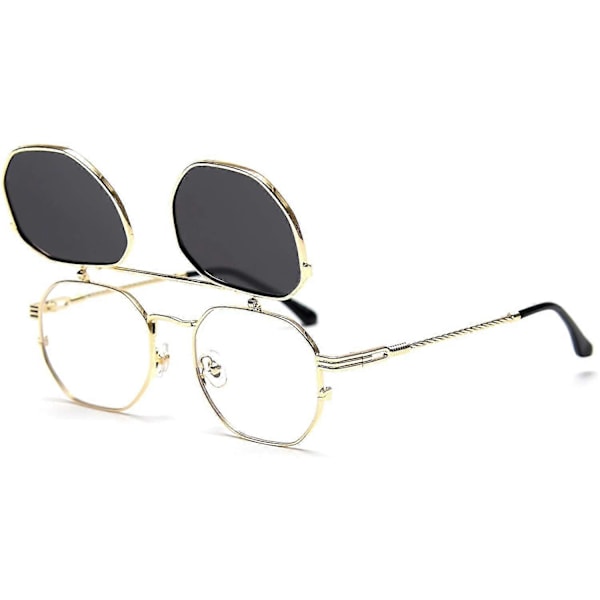 Flip Up Solbriller Mænd Kvinder Polariseret Steampunk Flip Solbriller Med Dobbelt Linser (FMY) Gold Frame-Gray Lens