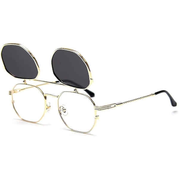 Käännettävät Aurinkolasit Miehille ja Naisille Polarisoitu Steampunk Käännettävät Aurinkolasit Kaksoislinseillä (FMY) Gold Frame-Gray Lens